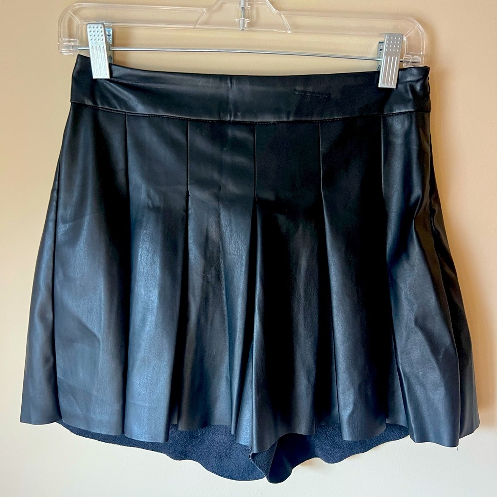 Black Leather Pleaded Shorts